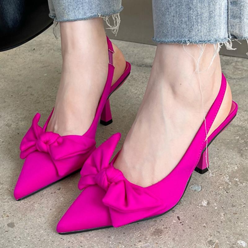 Sommer Frauen 7cm High Heels Pumps Sandalen Slingback Fetisch Pantoletten Dame Elegante Schmetterling Bogen Hochzeit Low Heels Party Schuhe 35 rosa