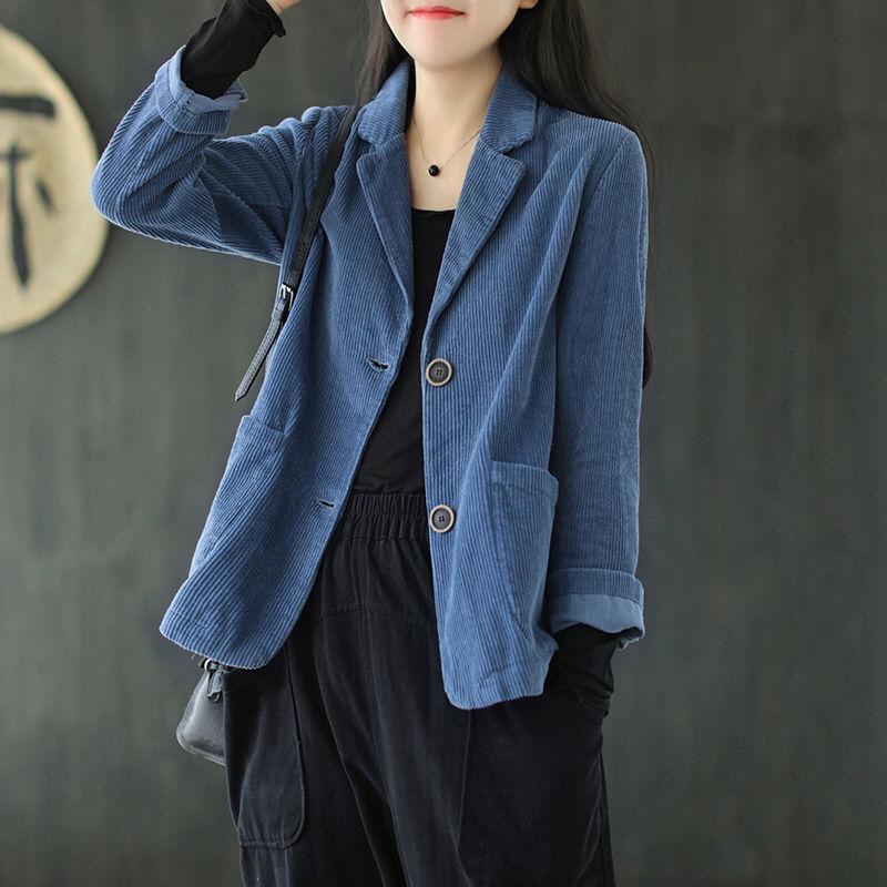 Vintage Jacke mit Anzugkragen Cord Einfarbig Kurze Jacke Damen Langarm Casual Top Große Tasche Frühling Herbst S