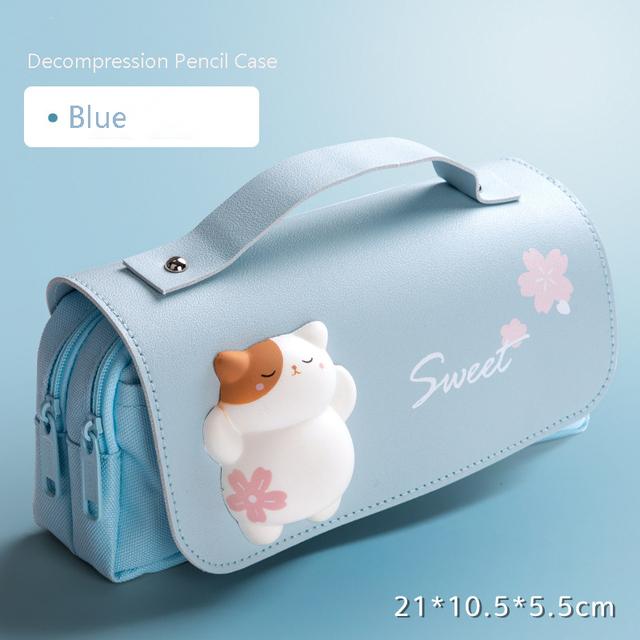 Süße Katze Dekompression Federmäppchen Große Bleistiftbox Tragbare Mädchen Stifttasche Doppelschicht Schultasche Kawaii Briefpapier Pensil Case C blau