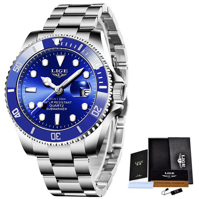 LIGE Top Marke Luxus Mode Taucher Uhren Männer 30ATM Wasserdicht Datum Uhr Sport Uhr Männer Quarz Armbanduhr silber/blau
