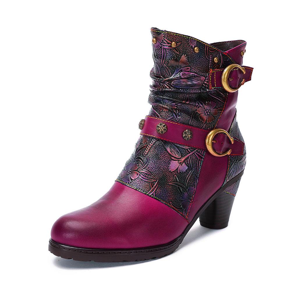 Johnature Echtleder-Stiefel mit hohem Absatz, Damenschuhe, Retro, handgefertigt, geprägt, modisch, mit Reißverschluss, kurze Winterstiefel 36 rubine rote