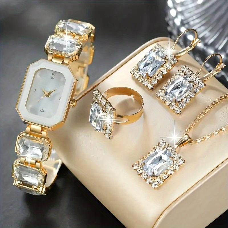 5-teiliges Luxus-Bohemian/Elegantes Schmuck- und Uhren-Set für Damen mit passendem Armband aus Legierung, Halskette, Ring, Ohrringen und quadratischer Uhr weiß