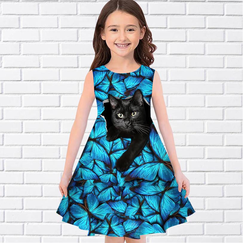 Mädchen 3D Schmetterling Schwarze Katze Kleider Kinder Mädchen Party Ärmelloses Prinzessin Kleid Tank für Mädchen über vier Jahre 150 blau
