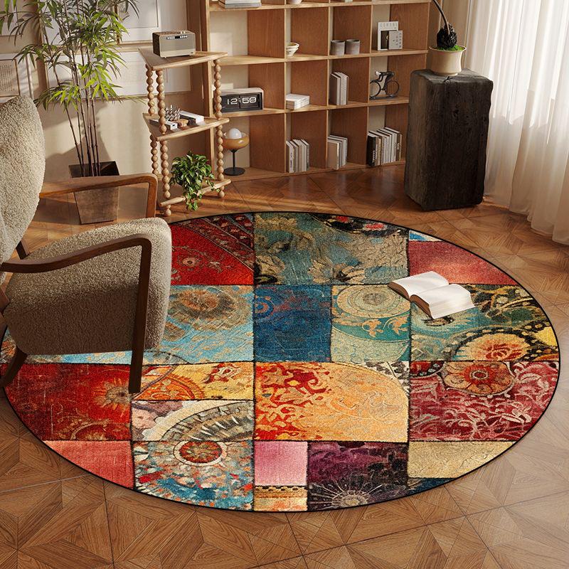 Retro Persien Runde Teppiche für Schlafzimmer Arbeitszimmer Stuhlmatte Wohnzimmer Dekoration Große Flächenteppiche Rutschfest Eingang Fußmatte Waschbar 6.5ft(200x200cm)