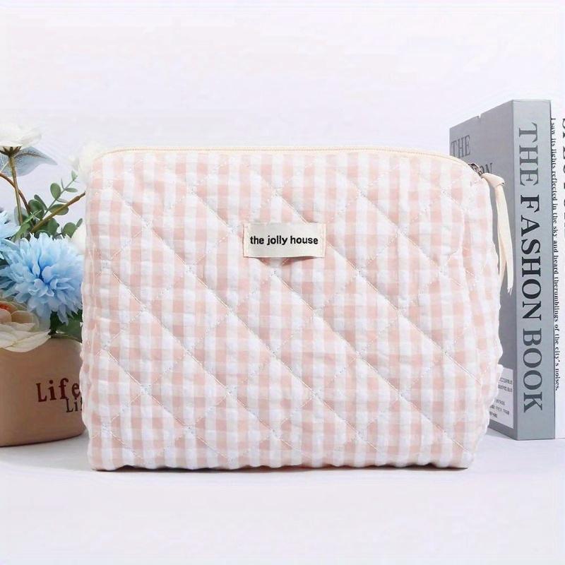 Lässige Kosmetiktasche für Damen, große Kapazität, Reise-Aufbewahrungstaschen, einfache karierte Clutch für Damen, rosa Canvas-Tasche für Damen