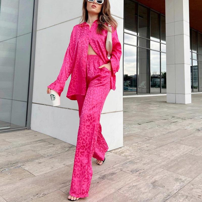 YYFS Damen Mode Freizeit Frühling Herbst Leopardenmuster Langarm POLO-Kragen Blusen & Hemden Hosen Anzüge M rose rot