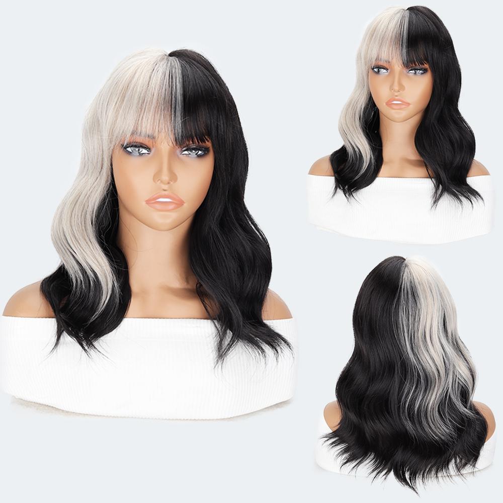 LISI HAIR Synthetische Kurze Highlight-Perücken Schwarz Gemischt Weiß Perücke mit Pony Extensions Wellige Perücke für Frauen Täglicher Partygebrauch 30cm