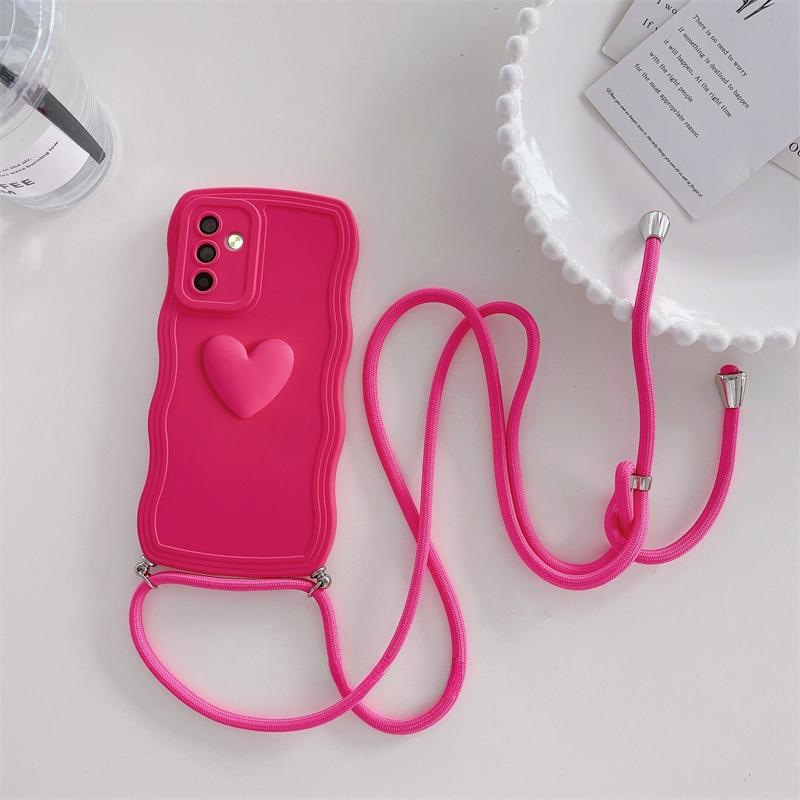 Lockige gewellte Crossbody Lanyard Silikonhülle für Samsung Galaxy S24 S23 S22 S21 Ultra S23 FE A54 A34 A14 A15 A25 A35 A55 A25 A05 3D Love Heart Cover For Samsung S23 ultra rose rot