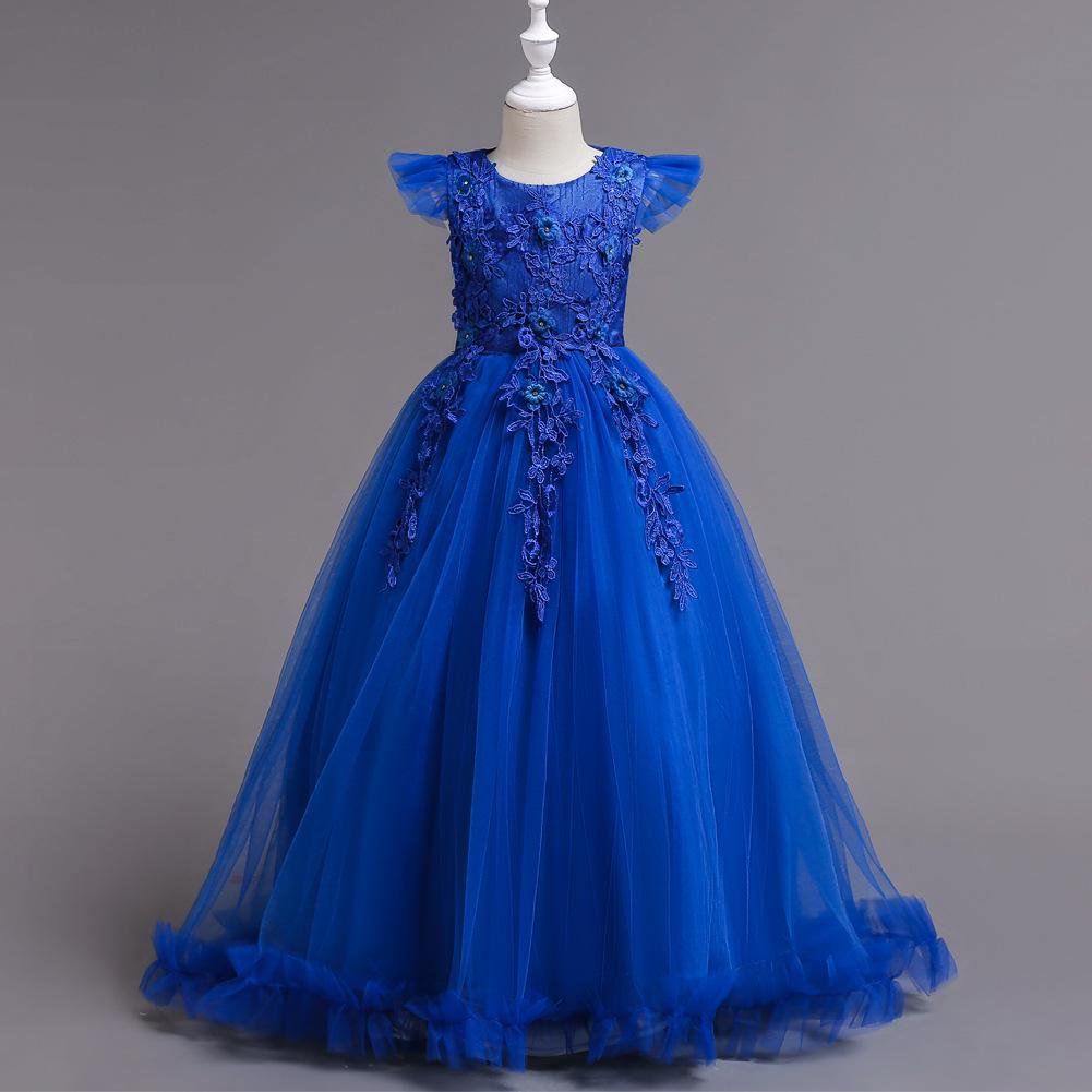 Kinderkleider Blumen Spitze Festlich Ärmellos Lange Kleider Für Mädchen Prinzessin Kostüm Mädchen Hochzeitskleider Kleidung 4-15 Jahre 120cm blau