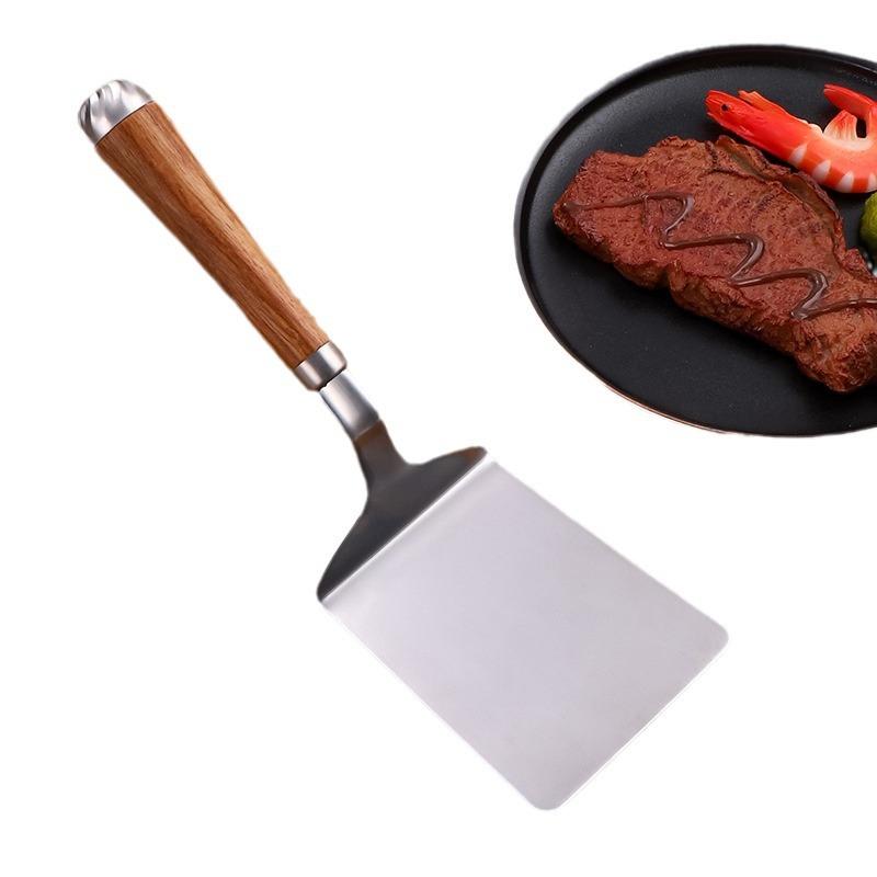 Edelstahl-Spatel mit quadratischem Kopf, Steak-Kochspatel, Pizzaschaufel, Pfannkuchen-Rindfleischwender, Schaber, Holzgriff, Grillutensilien für die Küche black