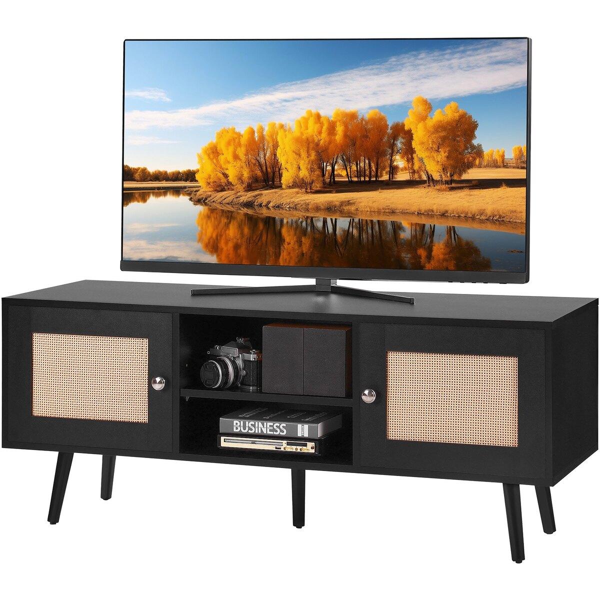 Rattan TV-Ständer, Boho TV-Schrank für 55 Zoll Fernseher, Mid-Century Modern TV-Ständer, Rattan TV-Konsole mit verstellbaren Regalen für Wohnzimmer, Medienraum,