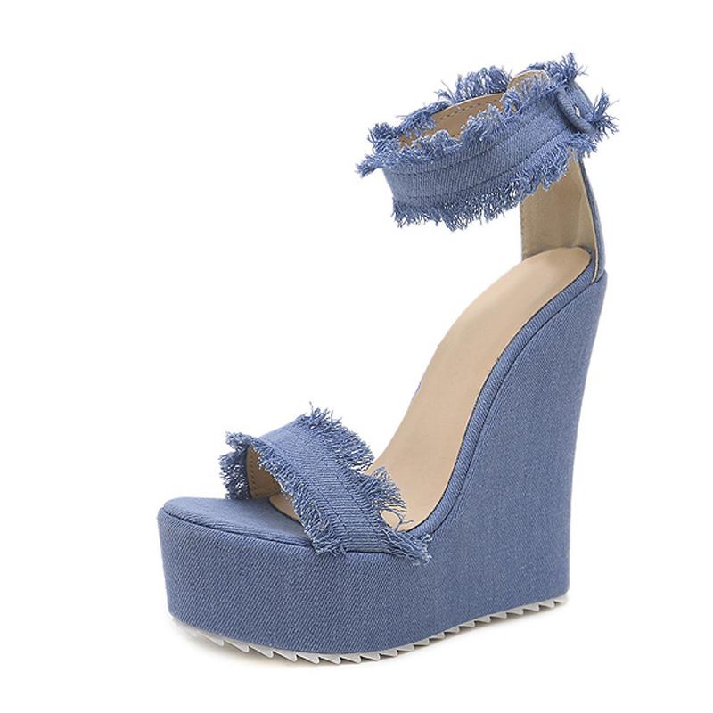 Eilyken Neue Designer Denim Sandalen Sommer Römischen Sandalen Hohe Qualität Frauen Keile High Heels Peep-Toe Plattform Damen Heels schuhe 39 blau