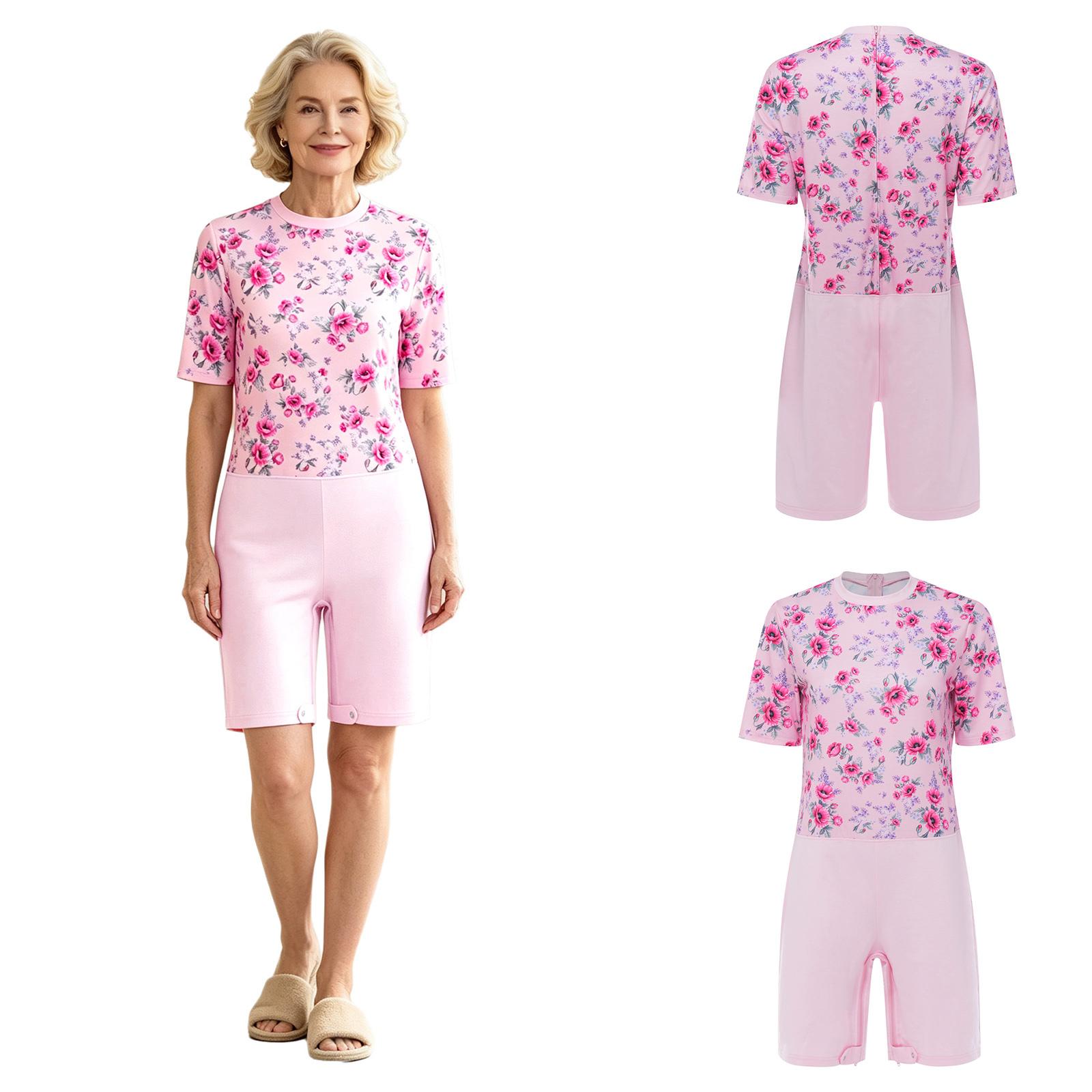 Damen Ältere Anti-Strip Adaptive Strampler Floral Bedruckt Kurzarm Reißverschluss Hinten Schrittreißverschluss Strampler Loungewear für Besondere Bedürfnisse Tägliche Pflege S rosa