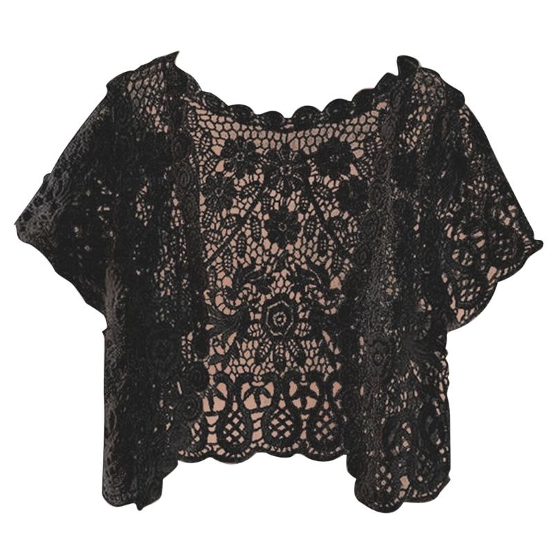 Damen-Cardigan mit offener Vorderseite, Quasten, Spitze, bauchfrei, durchsichtig, geblümt, gehäkelt, kurzärmelig, Bolero-Jacken für Kleider schwarz