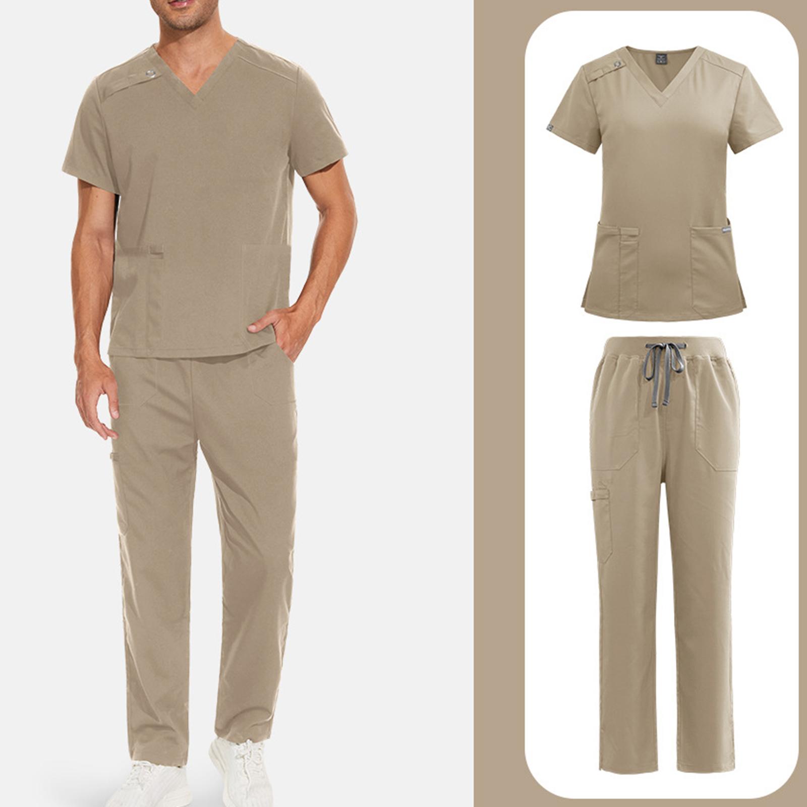 Herren Einfarbig Langärmlig Tasche Uniform Schützende Arbeiteruniform Jacke Lange Hose Set M khaki