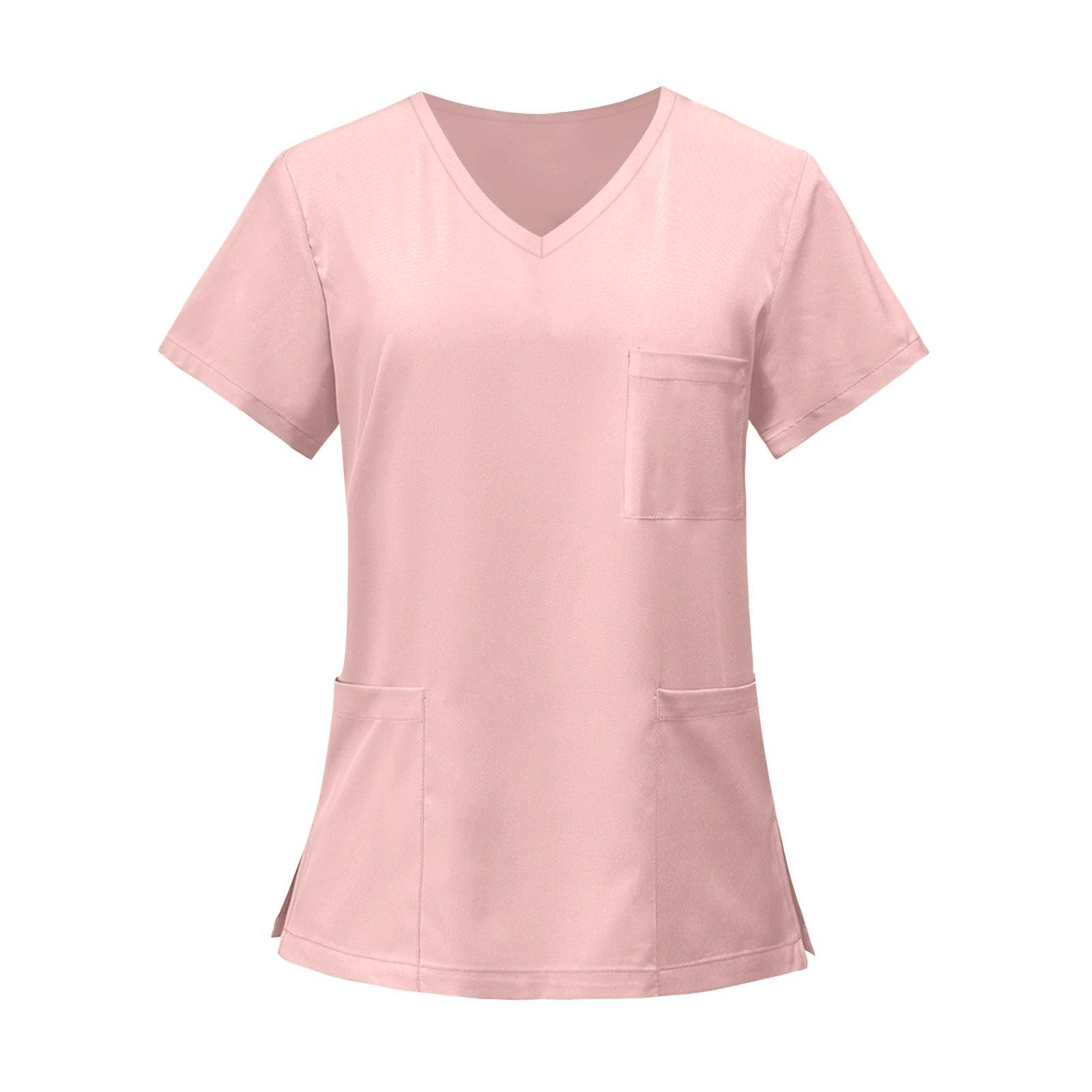 Damen V-Ausschnitt Kasack Kurzarm Einfarbig Uniformhemd Mit Mehreren Taschen Für Medizinische Zahnärztliche Klinik Arbeitskleidung XXXXXL rosa