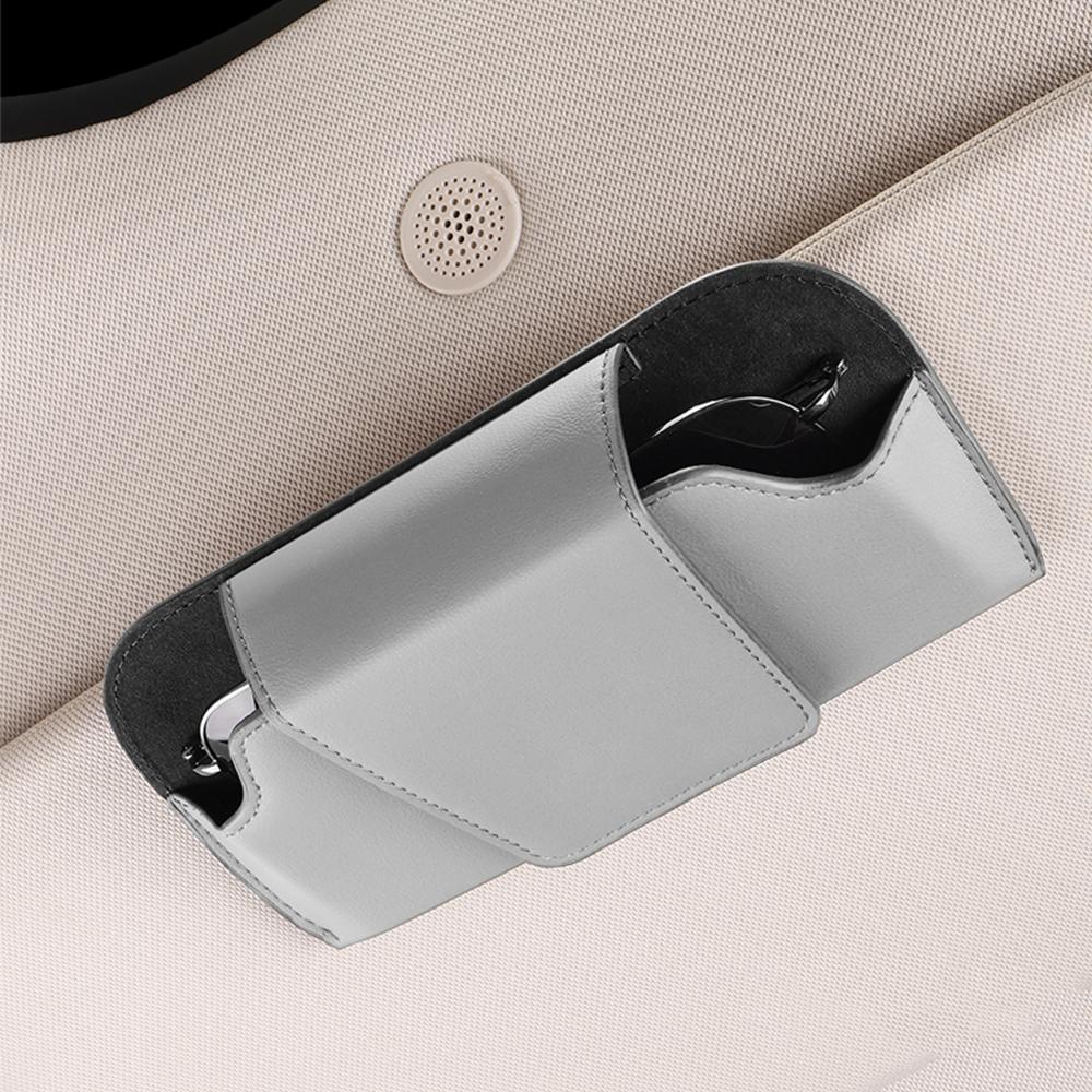 Brillenetui fürs Auto, Leder, Auto-Sonnenblende, Sonnenbrillenclip, Brillenhalter, Karten- und Tickethalter, multifunktionale Auto-Innenaufbewahrung grau