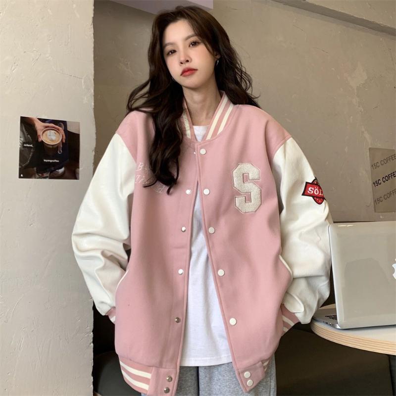 Y2k Streetwear Bomber Jacke Frauen Übergroße Varsity Jacken College Uniform Harajuku Mode Koreanische Rosa Baseball Mantel M rosa