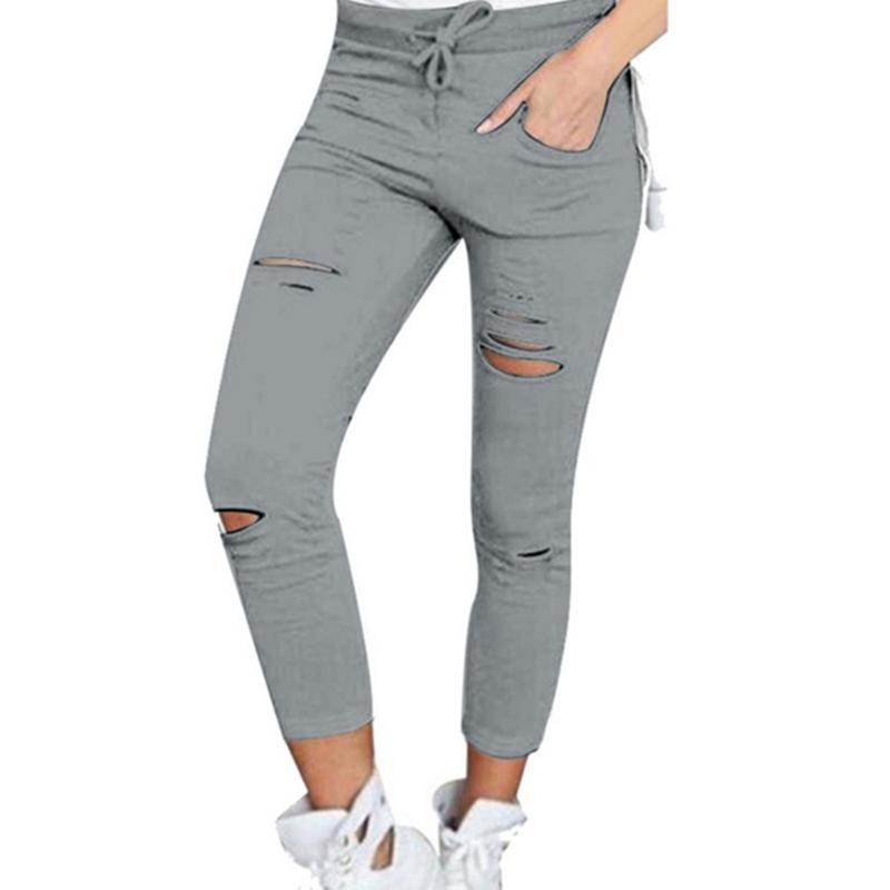 Cargo-Hosen für Damen, modisch, schlank, hohe Taille, dehnbar, dünn, gebrochenes Loch, Bleistifthose, einfarbig, Streetwear-Hose XXXXL grau