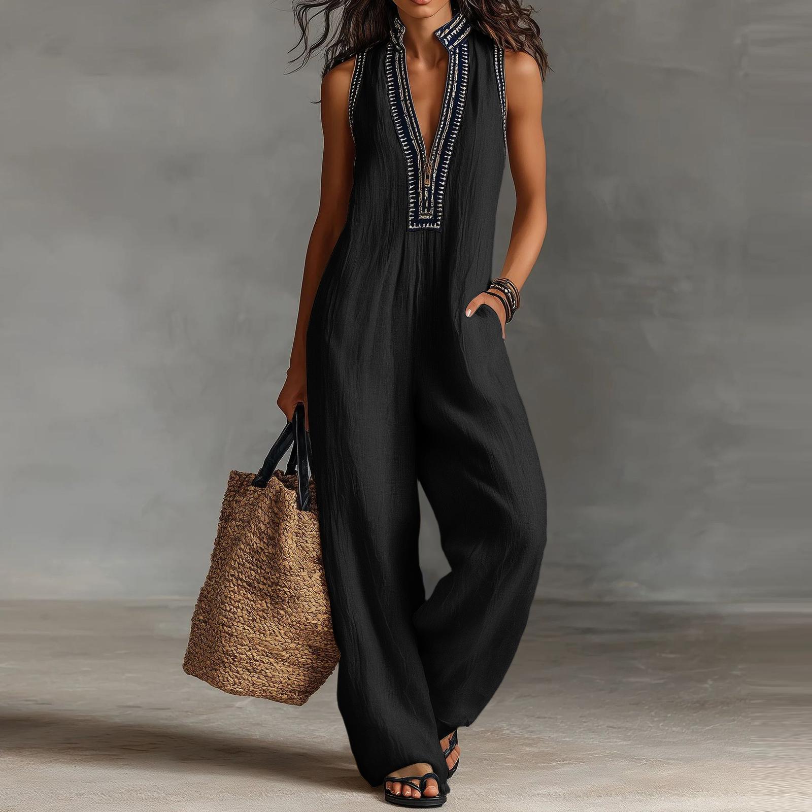 Damen Farbiger Lässiger Modischer Jumpsuit mit Taschen M schwarz