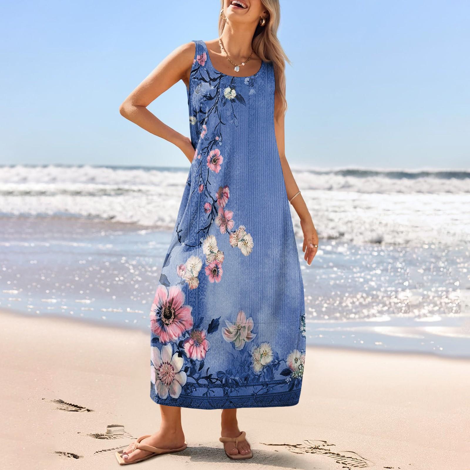Lässiges langes Sommerkleid für Damen, Sommer-Strandkleid, Rundhalsausschnitt, ärmellos, lockeres Sommerkleid XXL