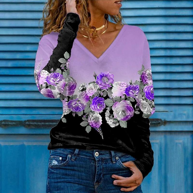 3D-Druck Rose Frauen T-Shirts Damen Tops Langarm V-Ausschnitt Pullover Femme T-Shirts T-Shirt für Frauen M violett