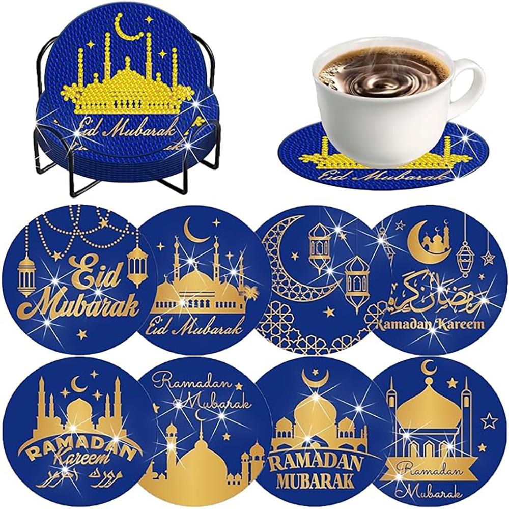 8-teiliges Set mit diamantbemalten Untersetzern mit Musikschloss-Muster und Halterungen, DIY-Untersetzer für Anfänger und Erwachsene, Kunst- und Bastelbedarf, Geschenke 8PCS/Set