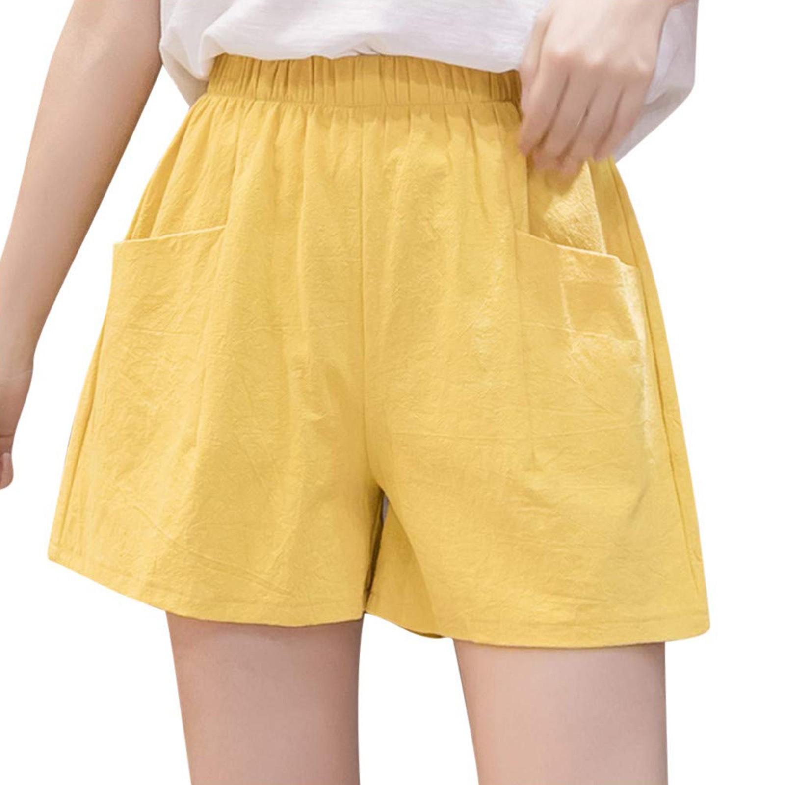Damen-Shorts, hohe Taille, Kordelzug, knielange Shorts, elastische, bequeme Shorts mit Taschen M gelb
