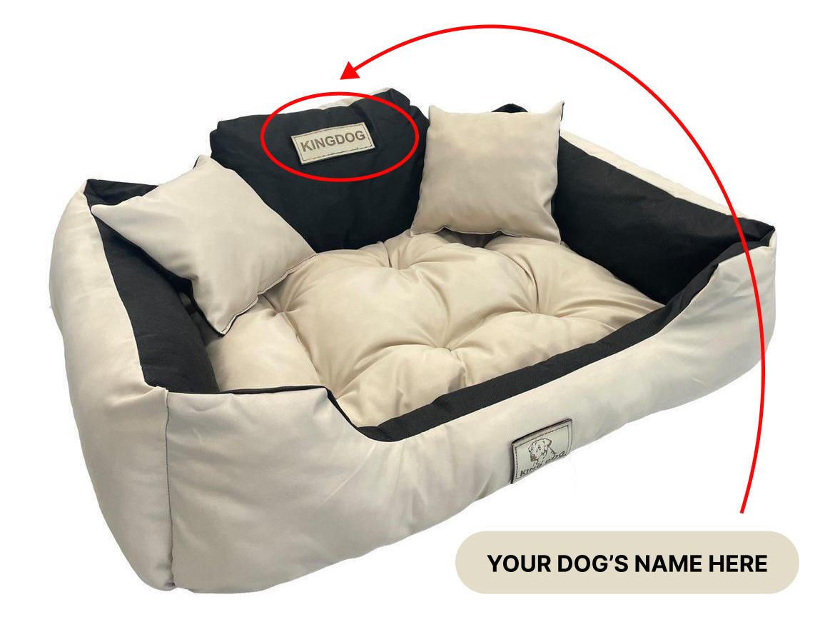KINGDOG Hundebett mit HUNDENAME wasserdicht langlebig, SML XL XXL 3XL S - 55/45 cm hell