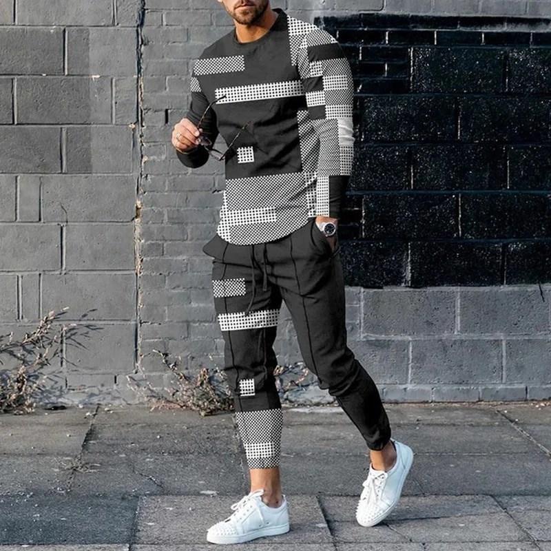 Trainingsanzug 2-teiliges Set für Herren, übergroßer gestreifter Jogginganzug, 3D-Druck, langärmelig, Sweatshirt, T-Shirt, Hose, Outfit, lässige Streetwear M