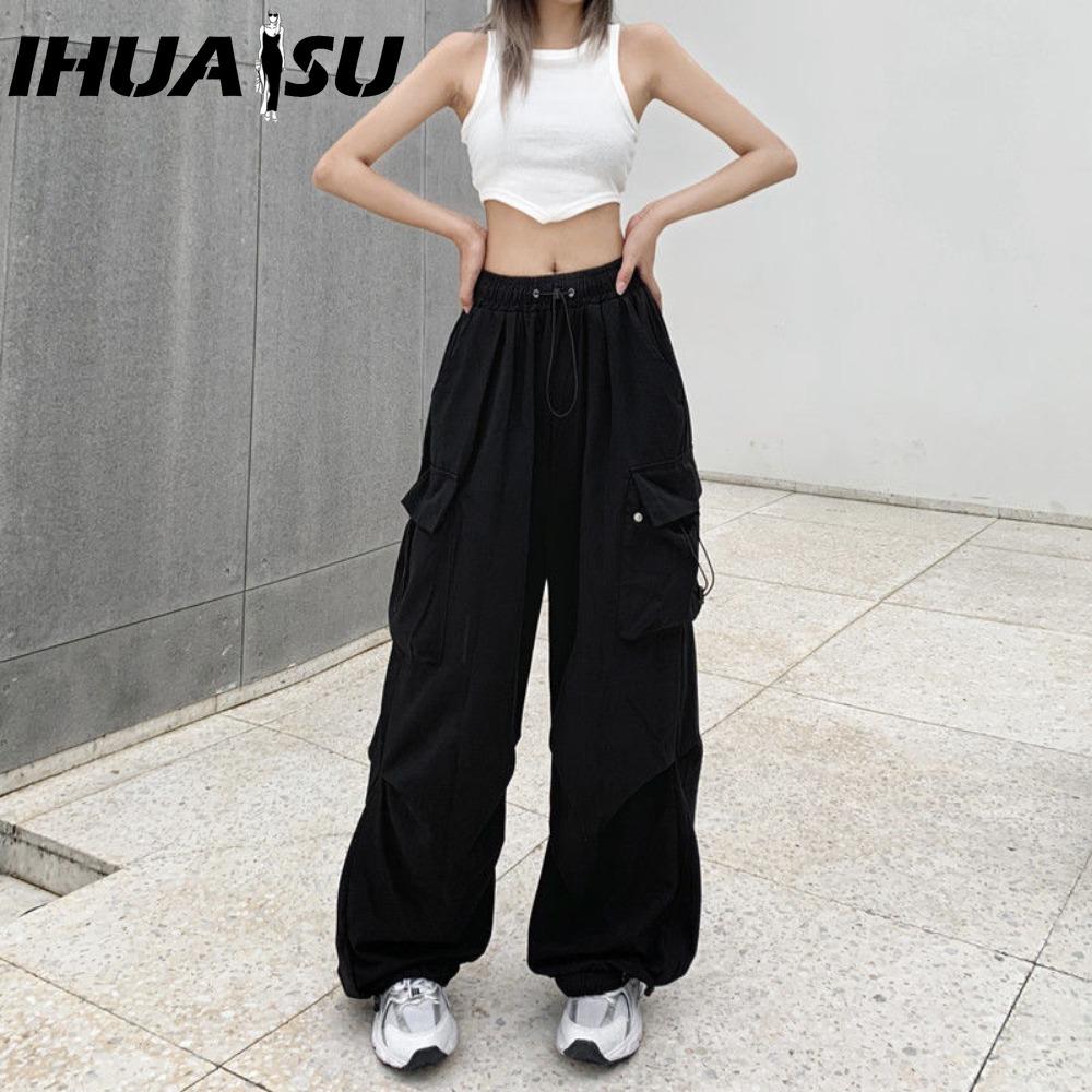 IHUASU Damen Hip Hop Cargo Hose Baggy Einfarbig Elastischer Bund Hose Locker Atmungsaktiv Damen Hose XL schwarz