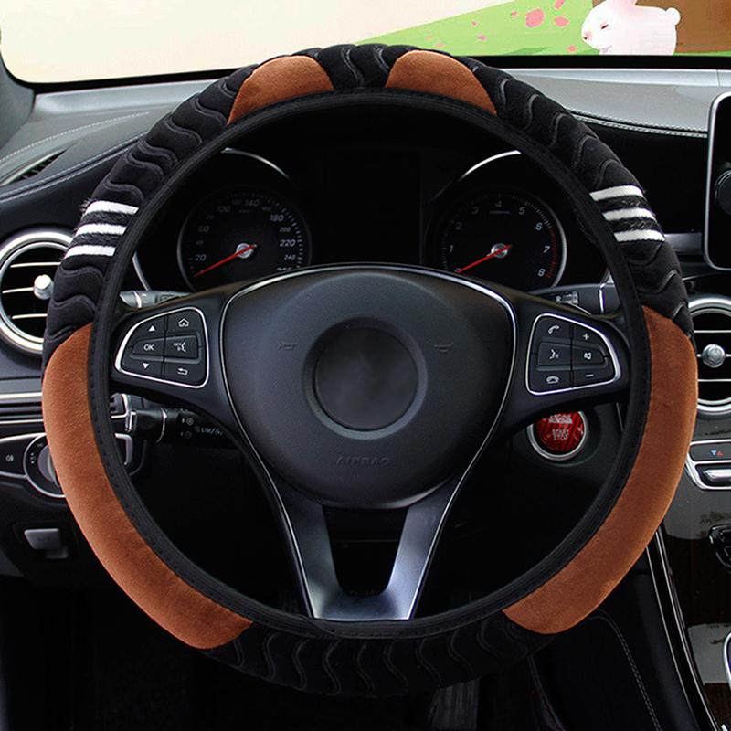 15-Zoll-Auto-Lenkradbezug, elastisch, warm, rutschfest, Radabdeckung, Autozubehör kaffeebraun