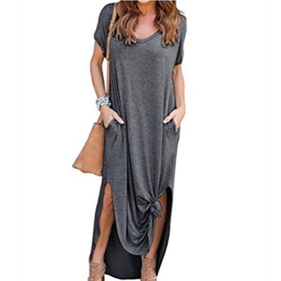 Plus Größe 5XL Sexy Frauen Kleid Sommer 2022 Feste Beiläufige Kurzarm Maxi Kleid Für Frauen Lange DressLady Kleider XXXXL dunkelgrau