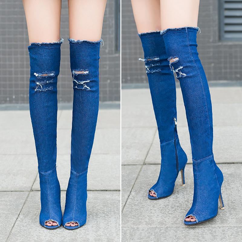 Stiefel Damenmode Sexy Denim Lange Stiefel Straße Overknee Fischmaul Retro Stiletto Heels 37 blau