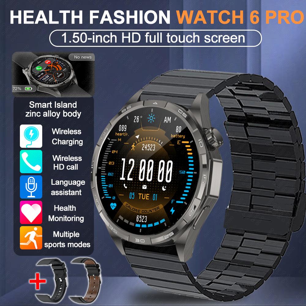 2026 Neue Uhr 6 Pro Outdoor-Sport Smartwatch Herren 1,50” HD-Bildschirm GPS-Streckenverfolgung Höhenmesser Druck Herzfrequenz Smartwatch Black Bamboo steel+Silicone +Leather