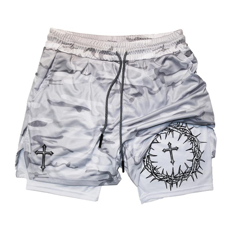 Kreuz-Print 2-in-1 Trainings-Laufshorts für Herren Christliche Fitnessstudio-Performance-Shorts mit Handytasche Handtuchschlaufe Sportliche Outfits M gelb