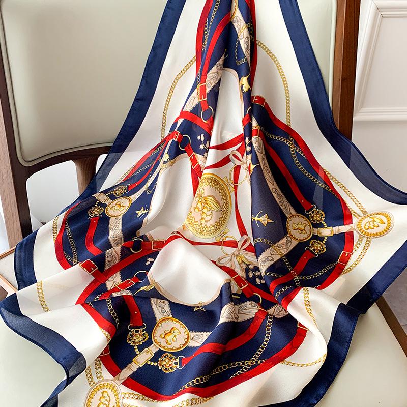 Luxus 70cm Quadrat Simulierte Seide Schal Für Frauen Hijab Haar Bands Halstuch Weibliche Schal Band Stirnband Mode Wraps Bandana One Size navy blau