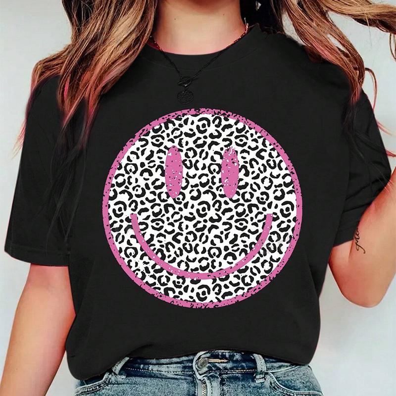 Mode Frauen Personalisierte Spotted Runde Lächelndes Gesicht Spleißen Print T Shirt Lustige Casual Oansatz Kurzen Ärmeln T-shirt Sommer Weibliche T Shirt M schwarz