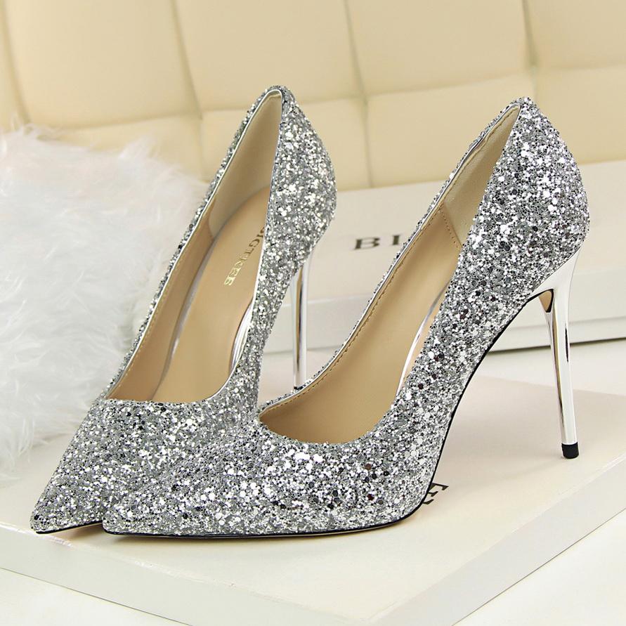 Mode 2025 Damen 9,5 cm Hohe Absätze Übergröße 43 Stripper Glitzer Scarpins Luxus Pumps Stiletto Hochzeit Braut Gold Silber Fetisch Schuhe 38 silber