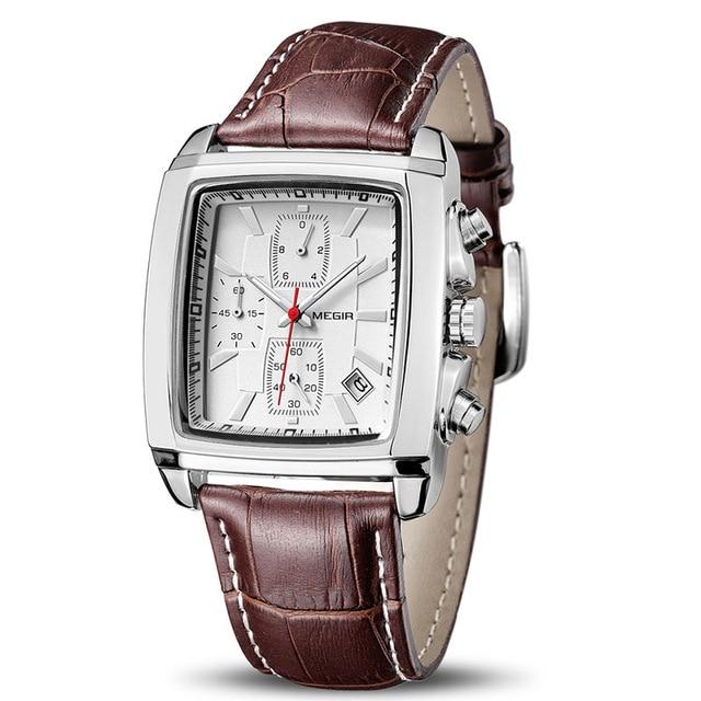 MEGIR Original Uhr Männer Top Marke Luxus Rechteck Quarz Militär Uhren Wasserdicht Leucht Leder Armbanduhr Männer Uhr 2028 weiß