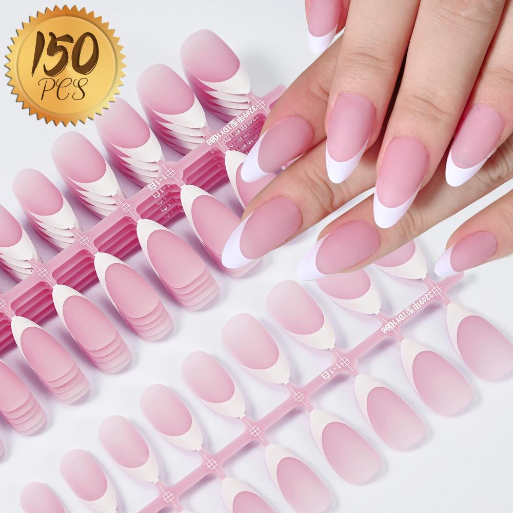 150 Stück/Set Weiße French-Nagelspitzen, mittel, Mandel, Nude, Pink, zum Aufdrücken der French-Nagelspitzen, matt, gefrostet, künstliche Nägel TD178-1 pink