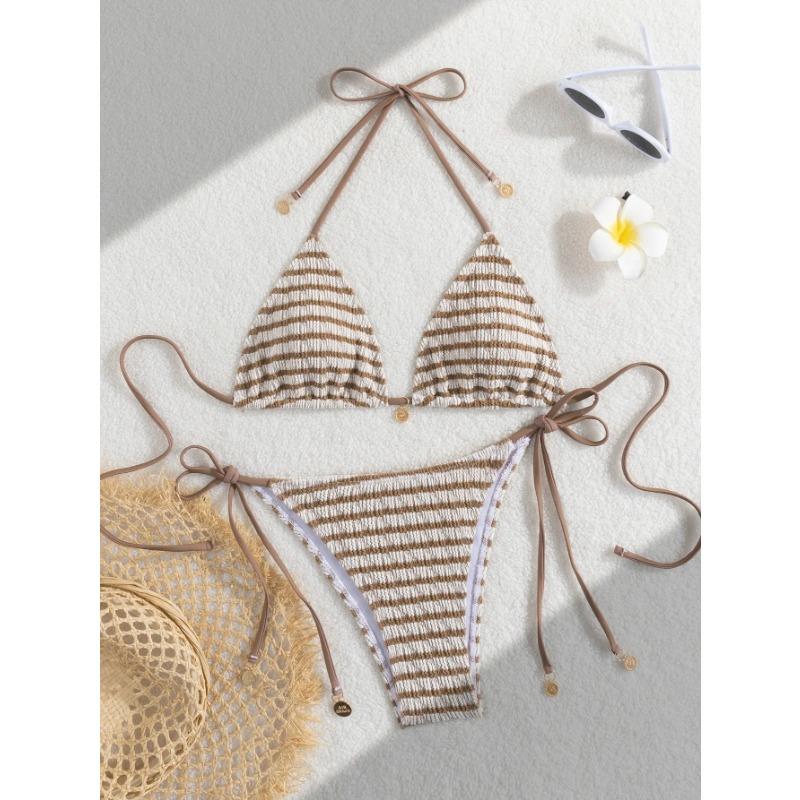Damen gestreifter und Wasserwellen-Split-Badeanzug sexy Bikini SexHy Bikini-Badeanzug Colorblocking Mode hochwertig heiße Quelle par XS khaki