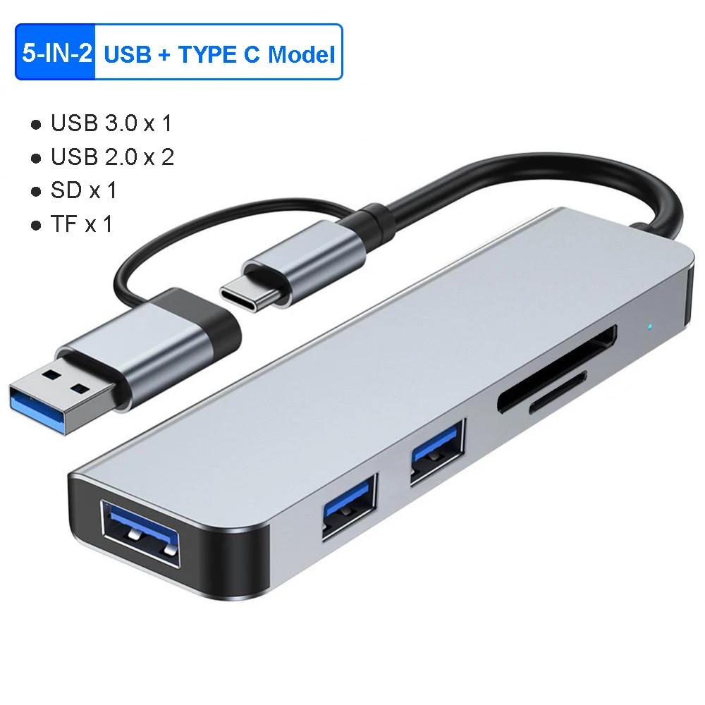 8-in-2-Typ-C-Dockingstation, USB-Splitter-Adapter, USB-C-Hub, 5 Gbit/s, Hochgeschwindigkeitsübertragung, USB 3.0, 2.0, 3,5 Audio-Buchse, SD/TF-Kartenleser, OTG-Adapter 5 in 2 gray