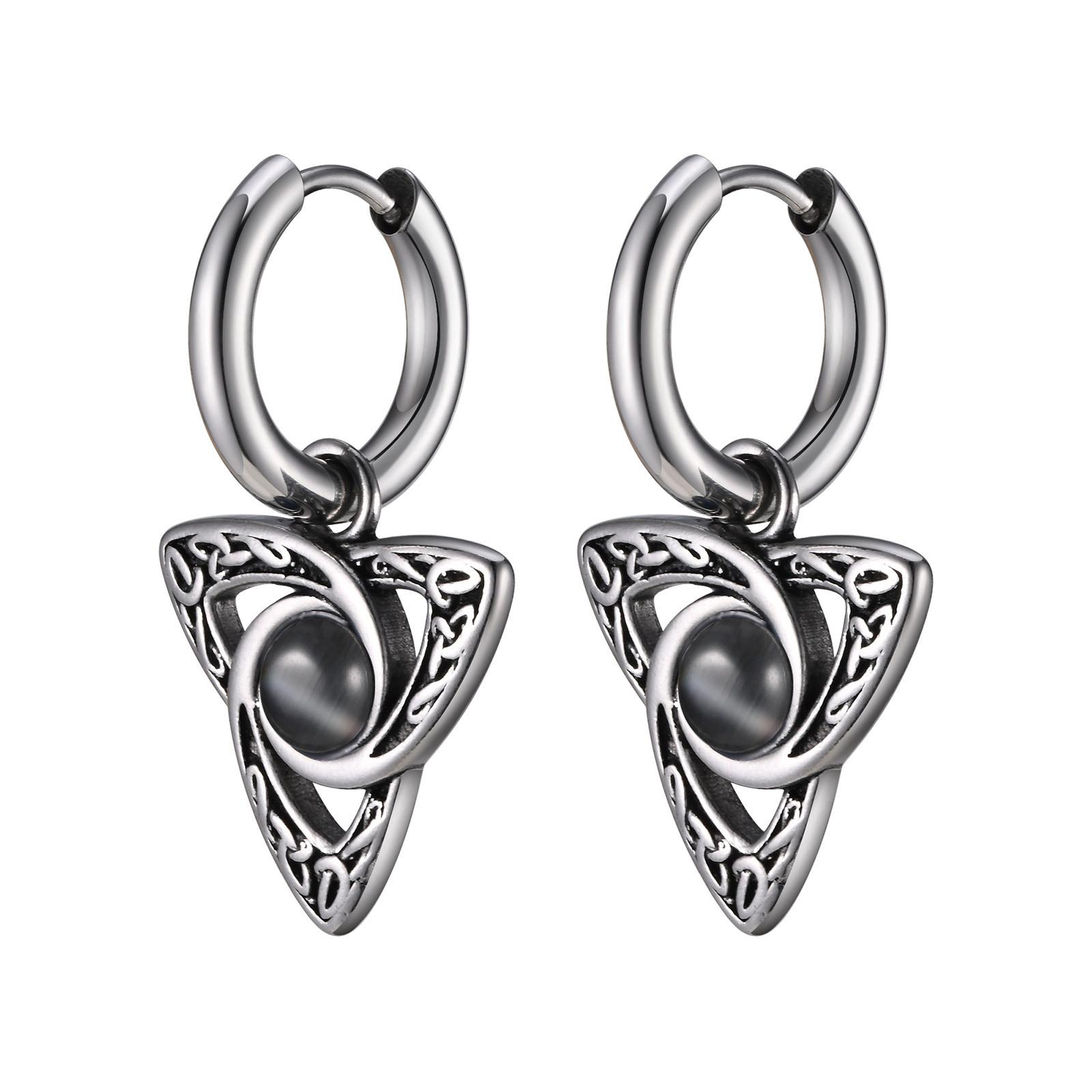 Vnox Retro Keltischer Knoten Dreieck Ohrringe für Herren Damen, Schwarzer Opal Stein Creolen, Vintage Edelstahl Geometrische Ohrringe gray