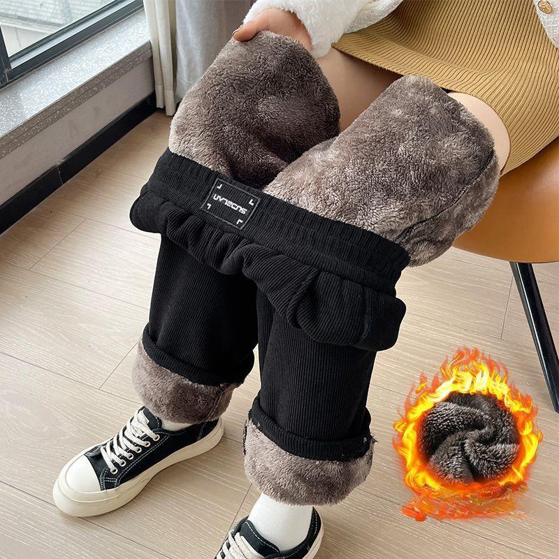 Winterhose mit weitem Bein für Damen, Herbst, Plüschhose für Damen, extra dicke Lammfleece, warme, gerade koreanische Hose, Joggers für Damen XXXXL schwarz