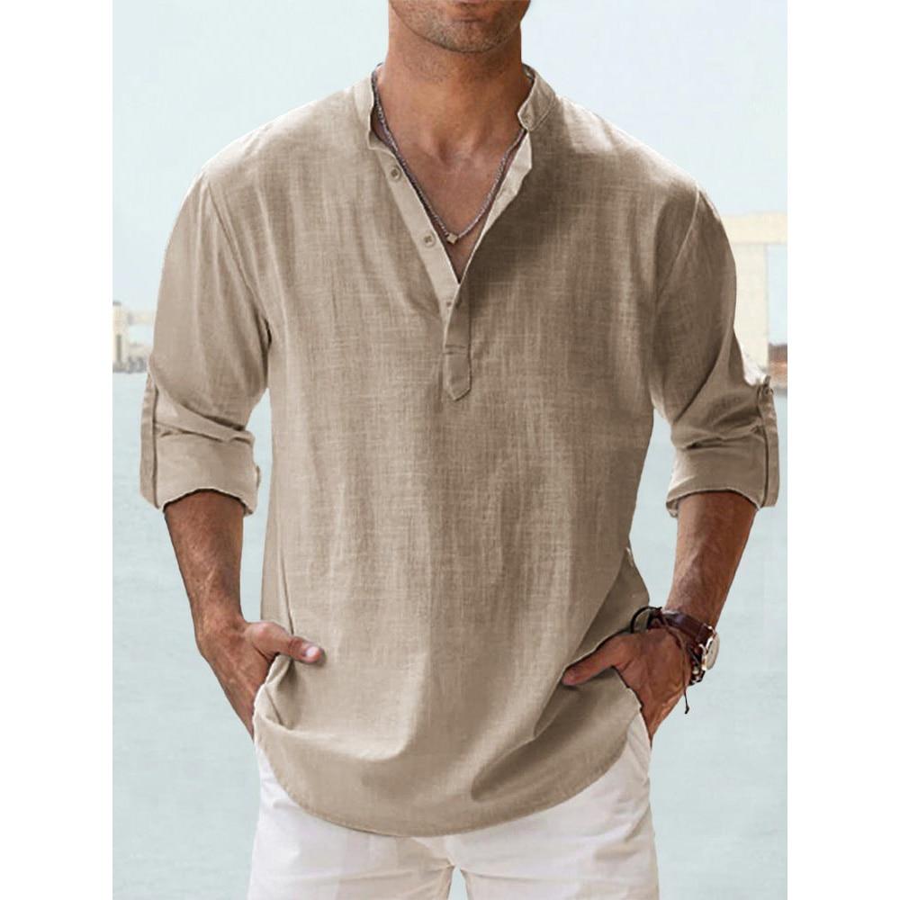 Neue Baumwoll-Leinen-Hemden für Herren, Freizeithemden, leichte Langarm-Henley-Strandhemden, hawaiianische T-Shirts für Herren, Streetwear US XXXL 100-110KG khaki