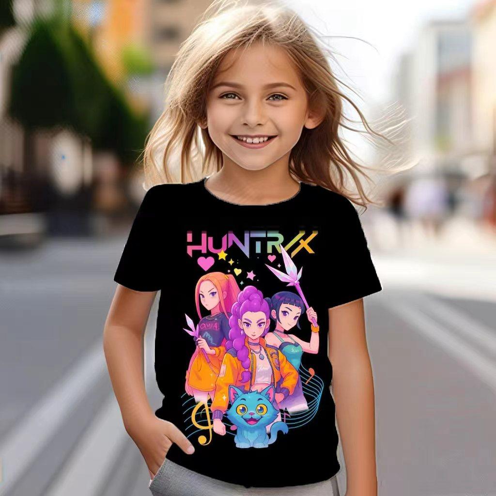 KPop Dämonenjäger Peripherie Sommer Bequem Modisch Rundhals Kinderkleidung Mode Lässig Weich Mädchen Kreatives Buntes T-Shirt 140