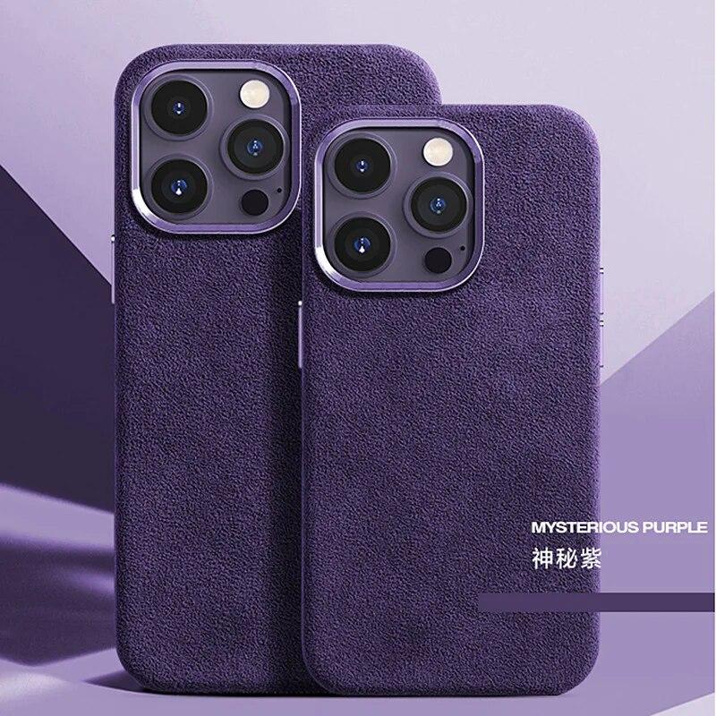 Magnetische Lederhülle für iPhone 15 Pro Max 14 13 Pro 12 Luxus-Supercar-Wildleder-Fundas für iPhone 15pro Magsafe-Schutzhülle For Iphone  14 violett