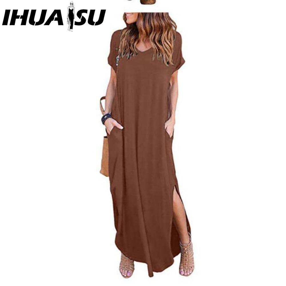 IHUASU Sexy Damenkleid Übergröße 5XL Sommer Einfarbig Lässig Kurzarm Maxikleid für Damen Langes Kleid Damenkleider XXXXL braun