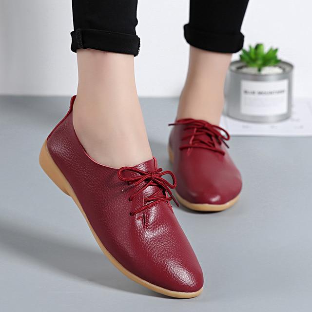 Echtes Leder Sommer Faulenzer Frauen Casual Schuhe Mokassins Weiche Spitz Damen Schuhe Frauen Wohnungen Schuhe Weibliche 43 wein rot